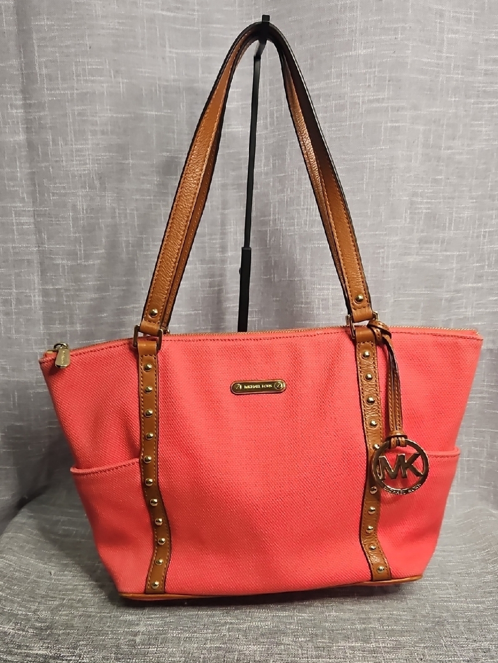 Michael Kors Coral Canvas Tote with Tan Leather Trim and MK Charm